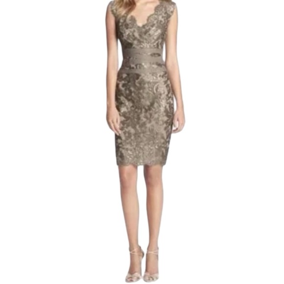 Tadashi Shoji Taupe Lace Fitted Scallop Dress 4 - Picture 2 of 9